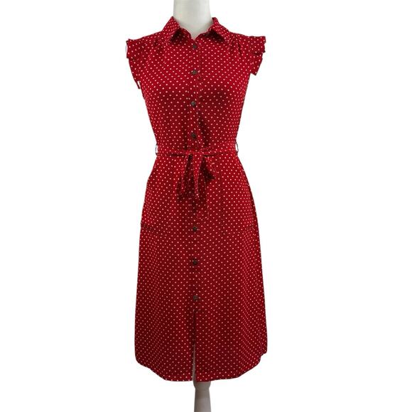 Retro Romance Polka Dot Red White Monteau Dress Small Pockets Belted Tradwife - Picture 1 of 12
